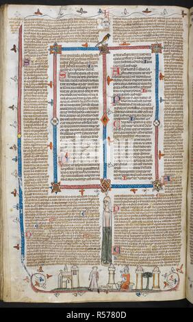 Ein Bas-de-Seite Szene, ein Mann stand vor einem Bischof. Decretals von Gregor IX mit Glossa o (der "mithfield Decretals"). Frankreich, S. (Toulouse?); im letzten Viertel des 13. Jahrhunderts oder 1. Quartal des 14. Jahrhunderts. Quelle: Royal 10 E.IV, w.172 v. Sprache: Latein. Autor: Raymond von PeÃ±afort, Editor. Bernhard von Parma, glossator. Stockfoto