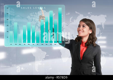 Asian Business Frau berühren Marketing Vertrieb Einkommen chart Stockfoto