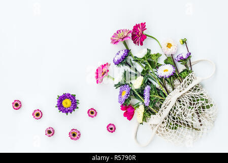 Blumenstrauß aus bunten Astern und Dahlien im Netzbeutel, auf weißem Hintergrund. Stockfoto