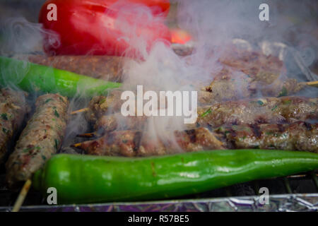 Verschiedene Arten von Fleisch auf dem Grill zubereitet Stockfoto