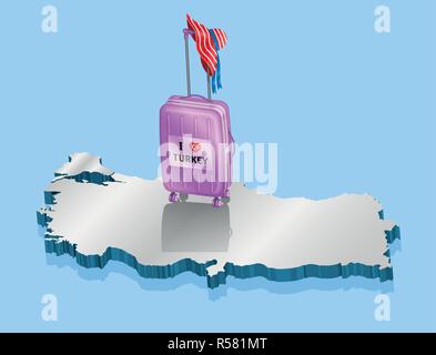 Frau Sommer hat mit touristischen Koffer für Reisen in die Türkei. Alle Objekte sind in verschiedenen Schichten und der Text -Typen benötigen keine Schriftart. Stock Vektor