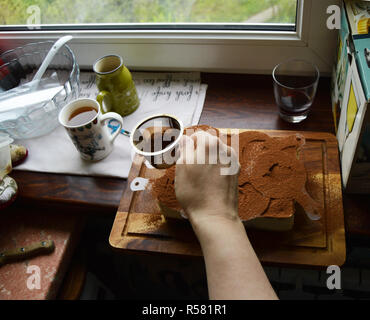 Tiramisu mit Zeichnungen Schablone von Kakao eingerichtet Stockfoto