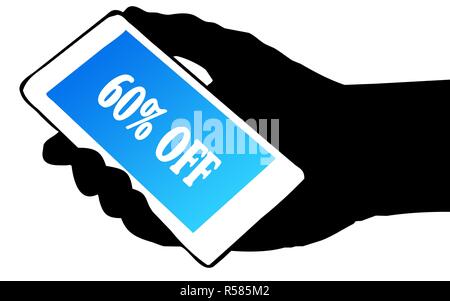 Hand silhouette Holding Telefon mit 60 Prozent aus Text. Stockfoto