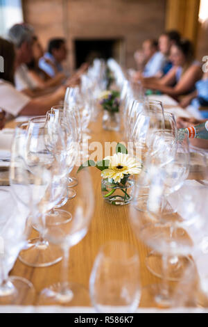 Perspektivische Ansicht von Champagner und Wein Gläser gehen auf eine Freunde Weihnachten Mittagessen in einem chilenischen Weingut in Casablanca bis unendlich. Luxus und Eleganz Stockfoto