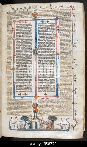 Bas-de-Seite Szene von einem Mann spielt ein Blasinstrument, eine Frau mit einem Hund oder Wolf und ein Mönch, die Beichte hören. Decretals von Gregor IX mit Glossa o (der "mithfield Decretals"). Frankreich, S. (Toulouse?); im letzten Viertel des 13. Jahrhunderts oder 1. Quartal des 14. Jahrhunderts. Quelle: Royal 10 E.IV, f 6. Sprache: Latein. Autor: Raymond von PeÃ±afort, Editor. Bernhard von Parma, glossator. Stockfoto