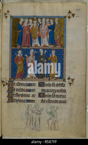 Miniatur in zwei Teilen von dreizehn Heiligen (bekenner), neun auf dem oberen Register und vier auf der unteren Register, ohne nimbi oder Embleme, darunter ein Papst (Leo) und ein König. Ein Bas-de-Seite Szene von Margaret stehend in Haft vor dem Präfekten (Wer ist gekrönt und hat ein Zepter). Psalter (die "Queen Mary Psalter"). England (London/Westminster oder East Anglia?); zwischen 1310 und 1320. Quelle: Royal 2 B VII, 308. Sprache: Latein, mit französischen Bildunterschriften. Stockfoto