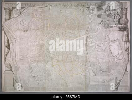 Eine topographische Karte der Villa und Hof in Madrid. PLANO TOPOGRAPHICO Y CORTE DE LA VILLA DE MADRID. [Madrid]: gravado Dibujado y por D. Ant. Espinosa de los Monteros y Abodid Academico de la Real de de las Nobles Artes de Madrid aÃ±o 1769, [1769]. Quelle: Karten K. Top. 73.14.8 TAB. ENDE. Sprache: Spanisch. Stockfoto