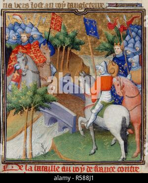 England und Frankreich im Krieg. Grandes Chroniques De France. Circa 1415. (Miniatur) ein Kampf zwischen König Ludwig IX. von Frankreich und König Heinrich III. von England. Bild von Grandes Chroniques De France übernommen. Ursprünglich veröffentlicht in ca. 1415 hergestellt. . Quelle: Baumwolle Nero E.II Pt.2, f 40 v. Sprache: Französisch. Thema: Workshop der Boucicaut Master. Stockfoto