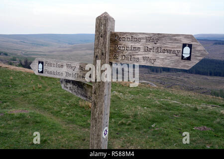 Ein Hinweisschild wandern Dales und Pennine Way Routen, wo beide Spuren überlappen, in Yorkshire, England, Vereinigtes Königreich. Stockfoto