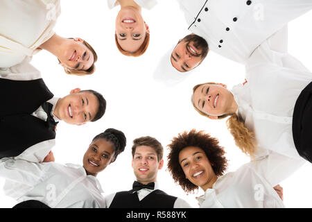 Glücklich, das Personal im Restaurant, die Unordnung Stockfoto