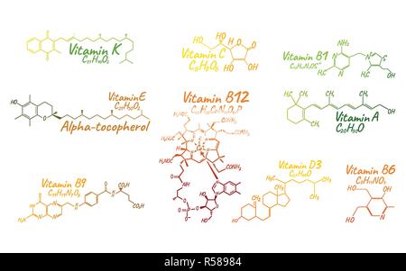 Vitamin Komplex B1, B6, B9, B12, K, A, E, C Label und Icon. Chemische Formel und Struktur Logo. Vector Illustration. Stock Vektor