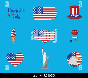 Satz von Independence Day und Glücklich 4. Juli Symbol. USA Urlaub. Vector Illustration. Stock Vektor