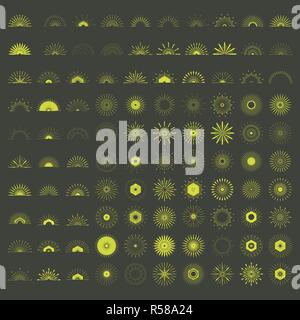 Große Retro Sun burst Formen. 100 Vintage Logo, Etiketten, Abzeichen. Vektor Design Element isoliert. Minimale schwarz Feuerwerk platzen. Stock Vektor