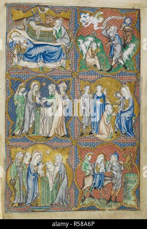 Sechs Szenen aus dem Leben Christi: die Geburt Christi, der Verkündigung an die Hirten, die Beschneidung, die Anbetung der Könige, die Darstellung Christi im Tempel und die Flucht nach Ägypten. Psalter von Robert De Lisle. England [London?]; circa 1310. Quelle: Arundel 83, w.124. Sprache: Latein. Thema: Madonna MASTER. Stockfoto