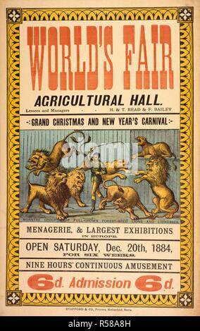 Royal Agricultural Hall, Islington. World's Fair, 1884. Pächter und Manager - H.&T. Lesen & F. Bailey. Grand Weihnachten und das neue Jahr Karneval: - Menagerie, & größten Ausstellungen in Europa. Monstre Gruppe von ausgewachsenen Wald - Löwen und Löwinnen gezüchtet. Eine Sammlung von Broschüren, Handzettel, und sonstige Drucksachen im Zusammenhang mit viktorianischen Unterhaltung und Alltag. Stafford & Co., Drucker, Netherfield, Notts., 1884. Menagerien; Ausstellungen - England. Lesen, H. (Henry), d. 1893; Lesen, T.; Bailey, F., (Francis), 1842-1902. Quelle: Evan. 425. Autor: Evanion, Henry. Stockfoto