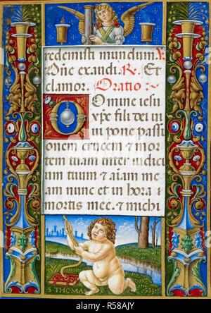 Text Seite von Stunden des Kreuzes mit verzierten Rand anzeigen St. Thomas dargestellt als ein putto. Sforza Stunden. Mailand, ca. 1490; Flämische Insertionen, 1517-1520. Quelle: Hinzufügen. 34294, f 22. Sprache: Latein. Autor: Birago, Giovan Pietro. Stockfoto