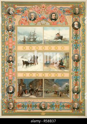 Viktorianischen Männern Erfolgserlebnisse. Ihrer Majestät glorreichen Jubiläum, 1897. Der Datensatz n. [London, 1897]. Bebilderte Seite feiern die Fortschritte, die während der Herrschaft von Königin Victoria Aufgrund der Errungenschaften der Wissenschaft und Technik. Die Portraits sind von führenden Wissenschaftlern und Ingenieuren. Gegen den Uhrzeigersinn um, sie sind: Darwin, Herbert Spencer, Faraday, Tyndall, Huxley, Robert und George Stephenson, Rennie, Lyell, Kelvin, Brunel, Siemens und Rowland Hill. Bild vom glorreichen Jubiläum ihrer Majestät, 1897 übernommen. Die Nummer eines Datensatzes herrschen. Veröffentlicht durch die Eigentümer des Ill. Stockfoto