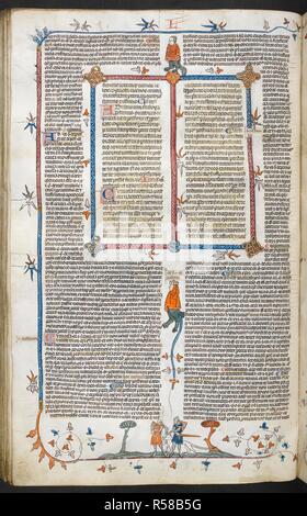 Ein Bas-de-Seite Szene von zwei Ritter und ein Hund. Decretals von Gregor IX mit Glossa o (der "mithfield Decretals"). Frankreich, S. (Toulouse?); im letzten Viertel des 13. Jahrhunderts oder 1. Quartal des 14. Jahrhunderts. Quelle: Royal 10 E.IV, f 104 v. Sprache: Latein. Autor: Raymond von PeÃ±afort, Editor. Bernhard von Parma, glossator. Stockfoto