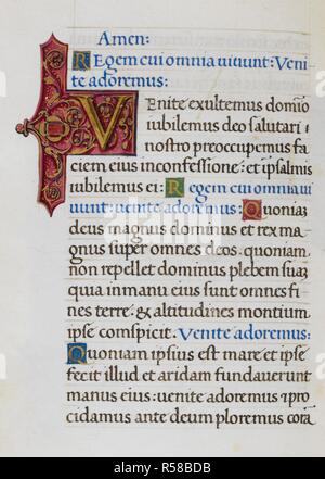 Text Seite mit ersten 'V'. Mirandola Stunden. Italien, ca. 1490-1499. [Ganze folio] Text Seite vom Büro des Toten. Der Anfang von Psalm 94, mit ersten eingerichteten 'V' Bild von Mirandola Stunden genommen. Ursprünglich veröffentlicht in Italien produziert, ca. 1490-1499. Quelle: Hinzufügen. 50002, f. 90 v. Sprache: Latein. Stockfoto