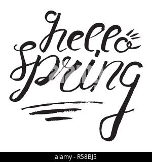 Hallo Frühling Schriftzug. Abzeichen und Karte für die Feier. Frühling Abzeichen. Vector Illustration Symbol. Stock Vektor