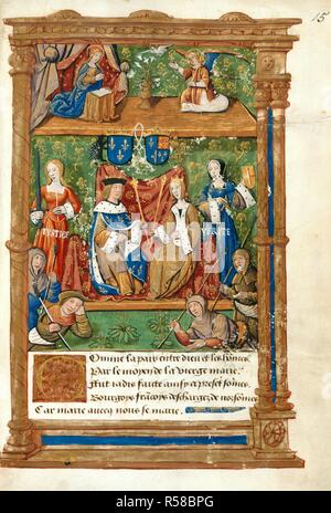 Pageant im Palais Royal. Pageants für die Ehe der Maria Tudor, der Schwester. Frankreich (Paris); 1514. (Ganze folio) Pageant im Palais Royal. Louis und Mary thront, von Gerechtigkeit und Wahrheit besucht; oben, die Verkündigung. Bild von Pageants genommen für die Ehe der Maria Tudor, der Schwester von Heinrich VIII., Ludwig XII. von Frankreich. Ursprünglich veröffentlichte/Hergestellt in Frankreich (Paris); 1514. . Quelle: Baumwolle Vespasian B.II, f 15. Sprache: Französisch. Stockfoto