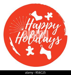 Erholsame Ferien und Weihnachten. Font mit der Bürste. XMas-Abzeichen. Vector Illustration Symbol mit Sunburst. Stock Vektor