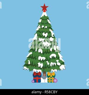 Weihnachtsbaum mit Geschenken und Red Star, XMas-Symbol. Cartoon Stil. Vector Illustration für Weihnachten. Stock Vektor