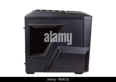 Seitenansicht des leeren desktop computer Tower Gehäuse auf weißem Hintergrund für neue moderne Mainboard mit Prozessoren der 9. Generation isoliert Stockfoto