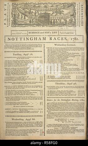 Eine Liste von Nottingham Rennen für August 1781. Burbage und Sohn Liste von Nottingham Rennen, 1781. [Nottingham: George Burbage und Sohn, 1781]. Quelle: C 194. c., S. 28. (9). Sprache: Englisch. Stockfoto