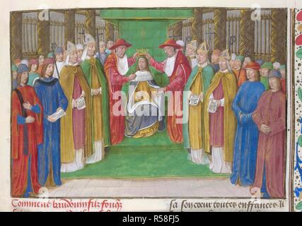 Krönung von Balduin III. Chronique d'Ernoul et de Bernard le TrÃ©sorier. S. Niederlande [Brügge]; Ende des 15. Jahrhunderts. [Miniatur nur] Krönung von König Balduin III. von Jerusalem Bild von Chronique genommen d'Ernoul et de Bernard le TrÃ©sorier. Ursprünglich veröffentlichte/in S. Niederlande [Brügge] hergestellt; Ende des 15. Jahrhunderts. . Quelle: Royal 15 E.I, f.259. Sprache: Französisch. Stockfoto