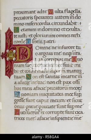 Text Seite mit ersten'. Mirandola Stunden. Italien, ca. 1490-1499. [Ganze folio] Text Seite aus der Bußpsalmen. Ende der Psalm 31 und Psalm 37 mit verzierten erste 'D' Bild von Mirandola Stunden genommen. Ursprünglich veröffentlicht in Italien produziert, ca. 1490-1499. Quelle: Hinzufügen. 50002, f 65. Sprache: Latein. Stockfoto