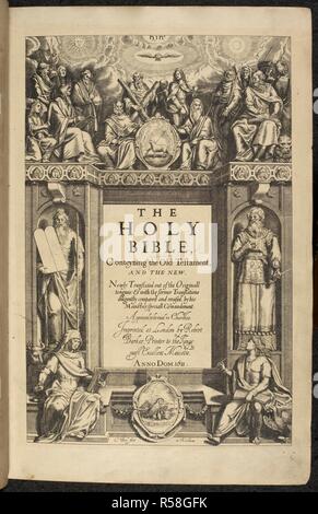 Die erste Ausgabe des sogenannten King James Bibel. Die Bibel... Robert Barker; London, 1611. Titelseite der Heiligen Bibel. Die Titelseite ist ein Faksimile. Illustriert mit Abbildungen. Quelle: C. 35. l.11, Titelseite. Stockfoto