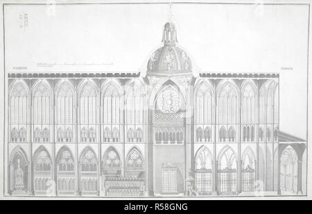 Ein Abschnitt von LeÃ³n Kathedrale von Süden gesehen, mit drei Spitzbögen im Kirchenschiff und Chor dekoriert mit Schnitzereien auf der linken Seite. Bemalte Kuppel in der Mitte des Querschiffs mit Rosette, clerestory und Kanzel, und Kapellen im Chorumgang der Apsis auf der rechten Seite. Abschnitt der Kathedrale von Leon. [Madrid]: [Blas www.¡n], [um 1790]. Quelle: Karten K. Top. 73.52. e. Sprache: Spanisch. Stockfoto