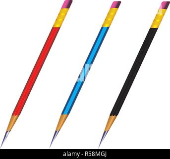 Der Vektor der führen spitzen Bleistift mit Radierer auf weißem Hintergrund mit realistischen 3D-Holz- vier Bleistifte mit Radiergummi auf weißem Hintergrund. Vector Illustration Stock Vektor