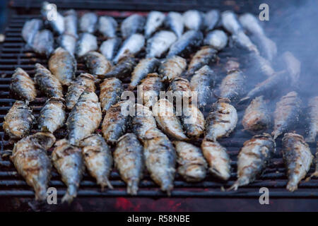 Sardinen vom Grill auf der Straße zu grillen. Hot typische Portugal Essen Stockfoto