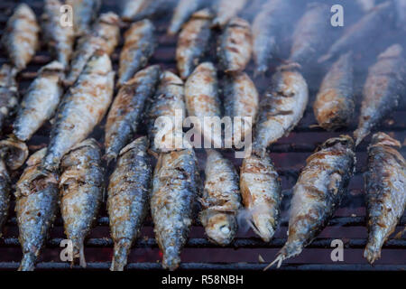 Sardinen vom Grill auf der Straße zu grillen. Hot typische Portugal Essen Stockfoto