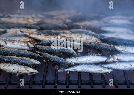 Sardinen vom Grill auf der Straße zu grillen. Hot typische Portugal Essen Stockfoto