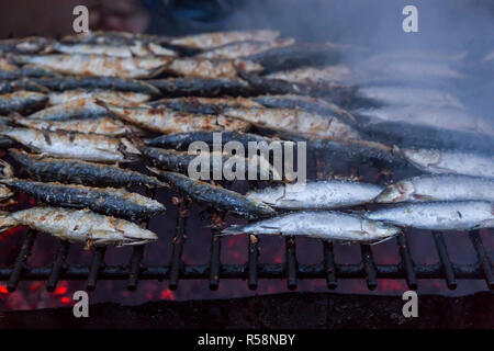 Sardinen vom Grill auf der Straße zu grillen. Hot typische Portugal Essen Stockfoto