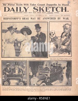 Die bernstoff Prahlen kann durch Krieg beantwortet werden." "Graf Bernstorff, der deutsche Botschafter in Amerika - der Mann, der öffentlich angekündigt, dass die lusitania versenkt werden würde - hat alle seine früheren Prahlhans Handlungen bedroht die Amerikanische Nation verdunkelt. Seine Antwort auf die amerikanischen Protesten in den Untergang der 'Arabischen' ist: "Wenn sich die diplomatischen Beziehungen abgebrochen sind deutsche U-Boote versenken Sie alles, was Sie sehen". Es kann sein, daß dieser Beleidigung für Amerika der letzten beweisen. Die Vereinigten Staaten in den Krieg näher als je zuvor - und alle echte Amerikaner sind für Sie bereit. Johann Heinrich Graf von Bernstorff (14. Stockfoto