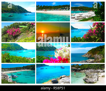 Schöner Strand auf einer tropischen Insel Koh Racha Yai. Collage Stockfoto