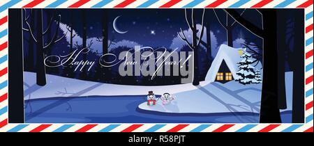 Frohes neues Jahr Postkarte von Winter verschneite Nacht Landschaft Szene mit kleinen Haus in Wald und niedliche Schneemänner im Mondschein. Vector Illustration, Stock Vektor