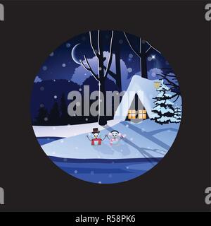 Weihnachten, Neujahr runde Zeichen der Winter verschneite Nacht Landschaft mit kleinen Haus und niedliche Schneemänner auf schwarzem Hintergrund isoliert. Vector Illustration, ich Stock Vektor