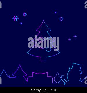 Geschmückten Weihnachtsbaum Vektorlinie Symbol, Symbol, Piktogramm, Zeichen auf einem dunkelblauen Hintergrund. Der unteren Grenze Stock Vektor