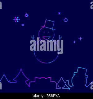 Weihnachten, Happy Snowman Vektorlinie Symbol, Symbol, Piktogramm, Zeichen auf einem dunkelblauen Hintergrund. Der unteren Grenze Stock Vektor