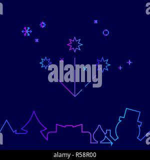 Weihnachten Gruß, Feuerwerk Vektorlinie Symbol, Symbol, Piktogramm, Zeichen auf einem dunkelblauen Hintergrund. Der unteren Grenze Stock Vektor