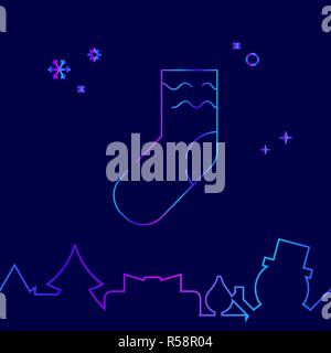 Weihnachtsstrumpf Vektorlinie Symbol, Symbol, Piktogramm, Zeichen auf einem dunkelblauen Hintergrund. Der unteren Grenze Stock Vektor