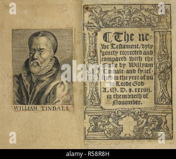 Ein Porträt von William Tyndale (c. €‰ 1494 â € "1536) englischer Gelehrter, der eine führende Persönlichkeit in der Protestantischen Reform wurde in den Jahren bis zu seiner Hinrichtung. Er ist bekannt für seine Übersetzung der Bibel ins Englische bekannt. Die newe Testament, dylygently korrigiert und im Vergleich mit der von Willyam Greke Tindale: und fynesshed im YERE von oure Lorde Gott a.m.d. Ï €. xxxiiij. in der moneth von Nouember: ([sig. Bb6 Verso:] Dies sind die Briefe genommen oute Der olde Testament, das Rot in der Kirche sind nach der vse von Salsburye vpon certen dayes der yere. - [sig. Dd6 Verso:] Dies ist die Tabelle, Stockfoto