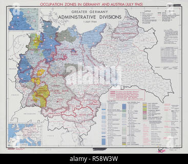 Juli 1945 - Weltkrieg II Karten und Diagramme - Karte der Besatzungszonen in Deutschland und Österreich Stockfoto