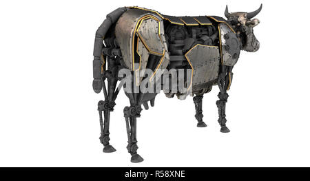 Mechanische Roboter Kuh in stiunk Stil auf einem weißen Hintergrund. 3D-Darstellung Stockfoto