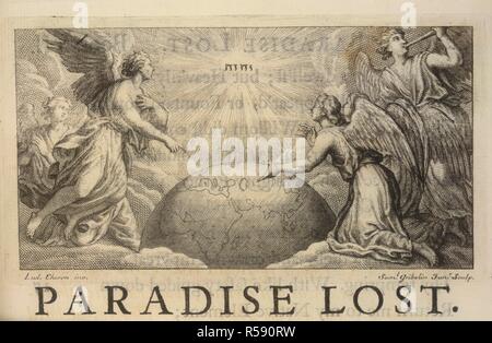 Paradise Lost. Die poetische Werke von Herrn John Milton. (Hinweise auf. Jakob Tonson: London, 1720. Eine Kugel und Engel. Bild von der poetischen Werke von Herrn John Milton. (Hinweise auf die Zwölf Bücher von Paradise Lost, durch Herrn Addison. Ein kleines Traktat von Bildung, von Herrn Hartlib.) Ursprünglich veröffentlicht in Jakob Tonson: London, 1720 produziert. . Quelle: 83. k.19 Buch 7, 275. Autor: Milton, John. Cheron. Gribelin. Stockfoto